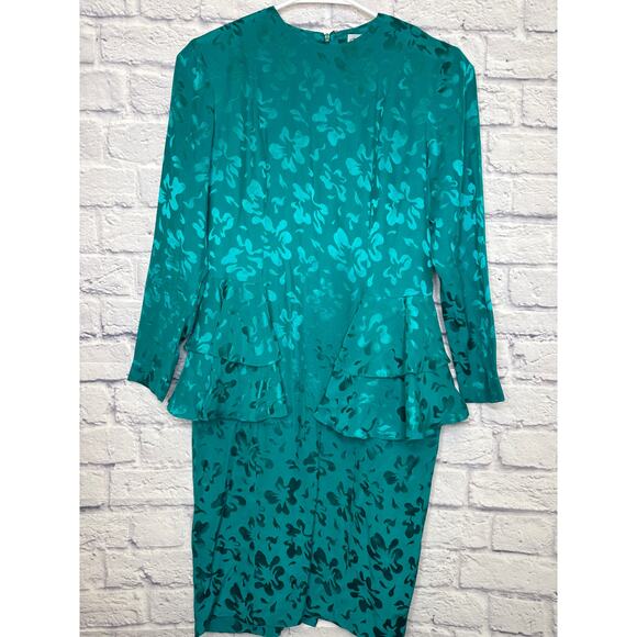 Pape'll Petites Vintage Turquoise 100% Silk Long Sleeve Peplum Midi Dress SZ 4P - Picture 1 of 5